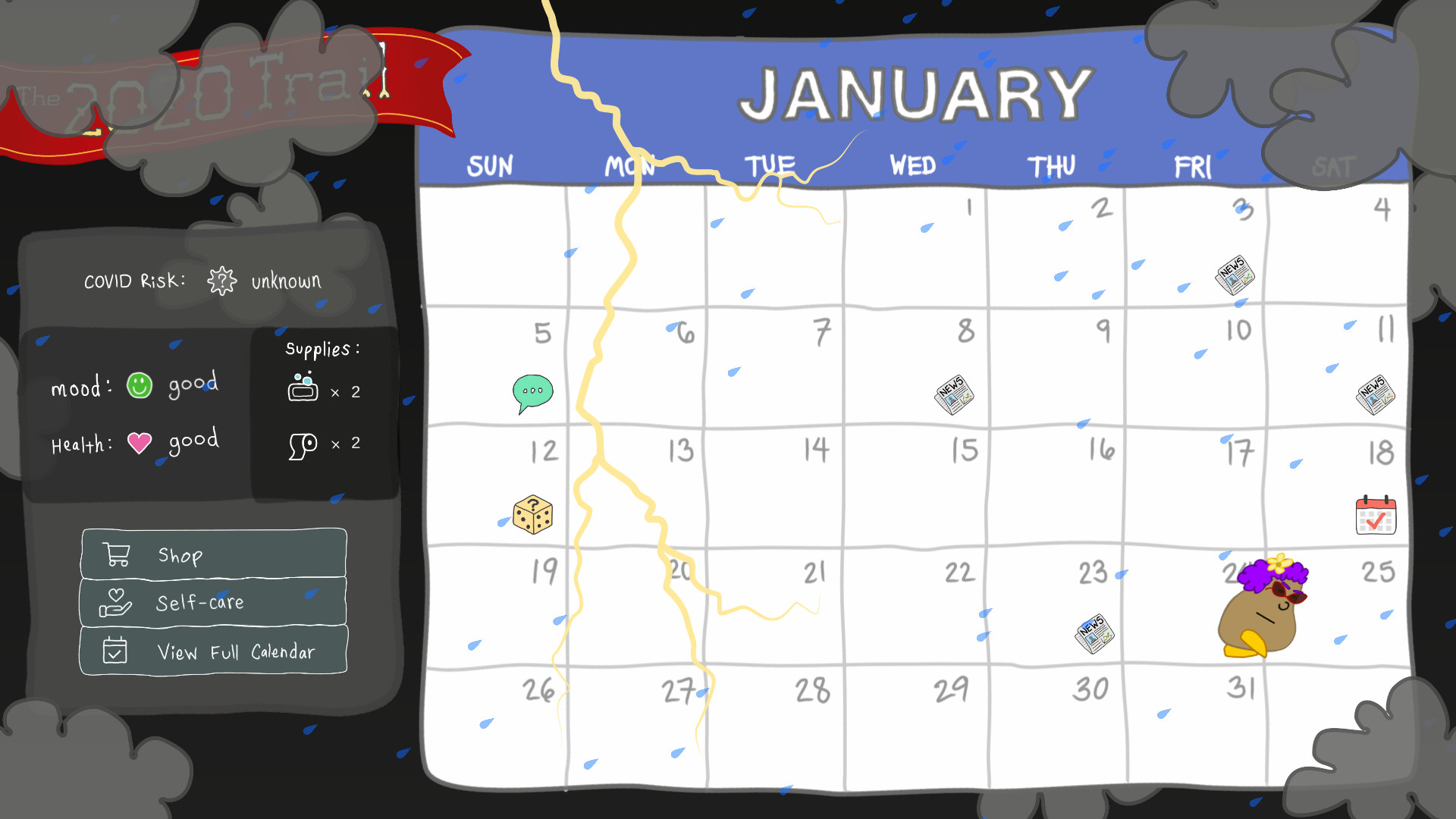 The main calendar view — players can see all metrics and available actions at a glance
