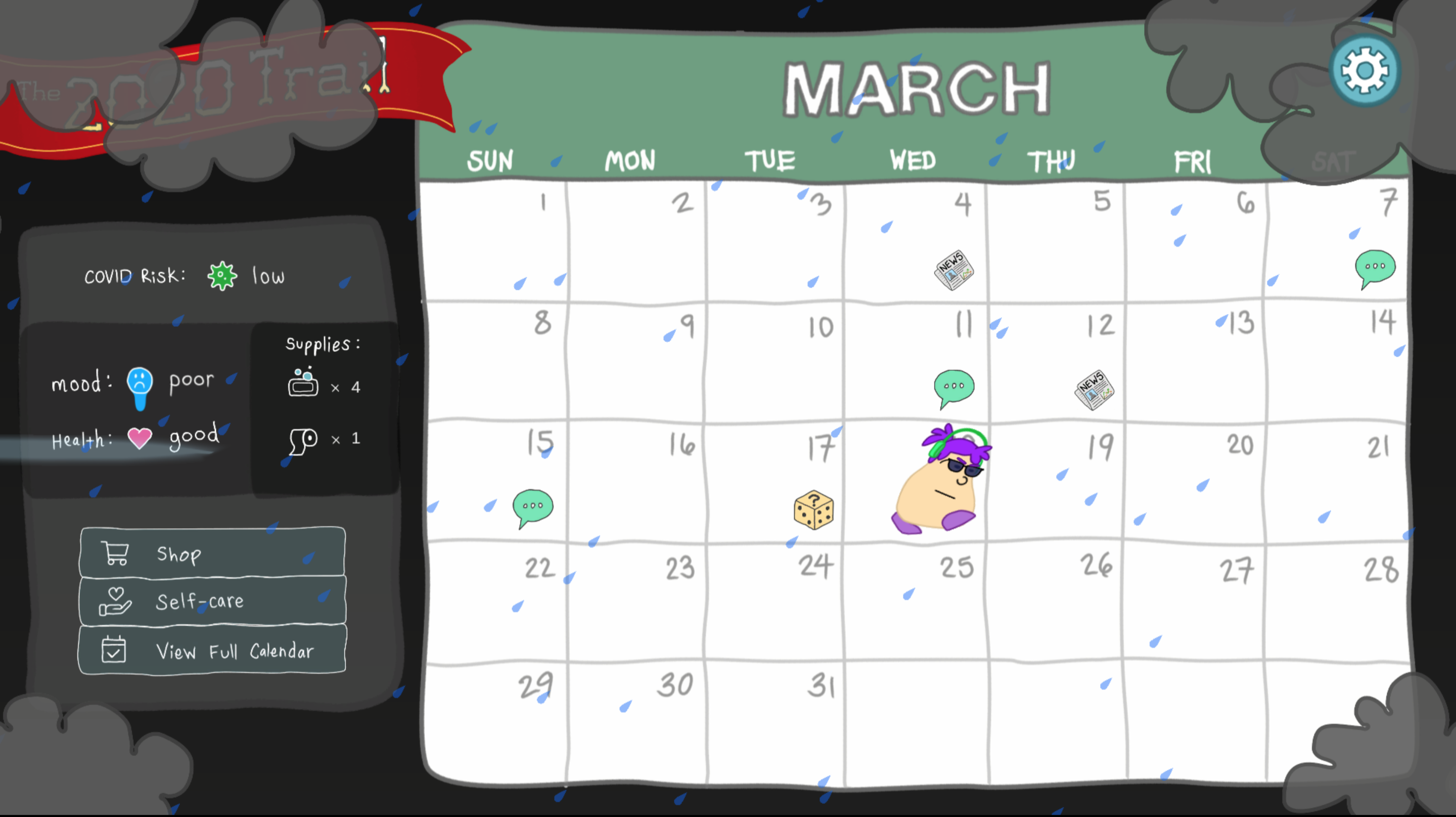 Screenshot of The 2020 Trail game's main calendar view and dashboard